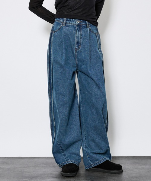 NOMINE】サイドライン タック ワイド ハイウエスト デニムパンツ