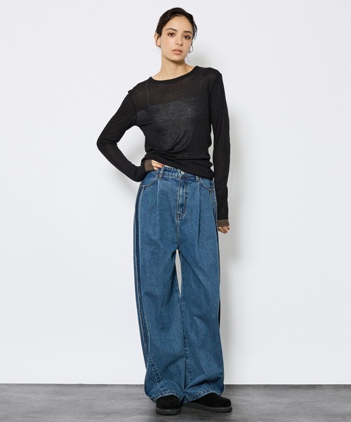 NOMINE】サイドライン タック ワイド ハイウエスト デニムパンツ