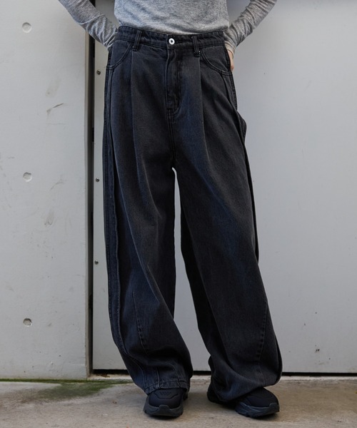 NOMINE】サイドライン タック ワイド ハイウエスト デニムパンツ