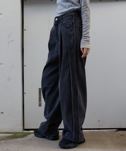 NOMINE】サイドライン タック ワイド ハイウエスト デニムパンツ