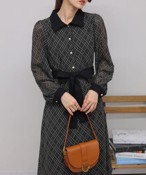 セール】バイアスチェック ウエストリボンベルト付 クレリック ロング