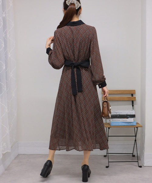 セール】バイアスチェック ウエストリボンベルト付 クレリック ロング