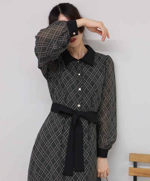 20 インゲボルグ ロングワンピース チェック 総柄 ベルト ブラック ホワイト 20 インゲボルグ ロングワンピース チェック 総柄 ベルト ブ