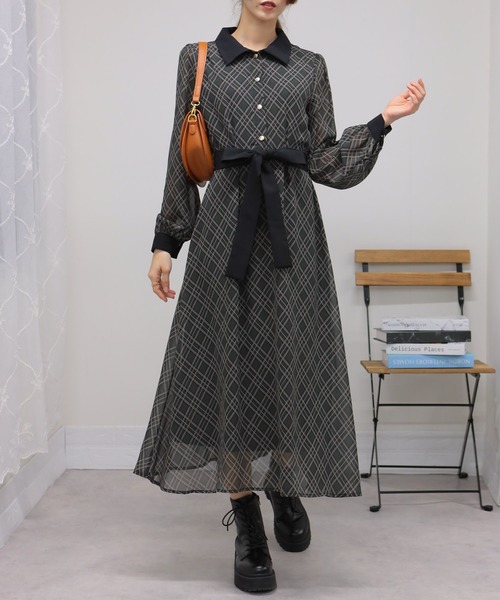 セール】バイアスチェック ウエストリボンベルト付 クレリック ロング