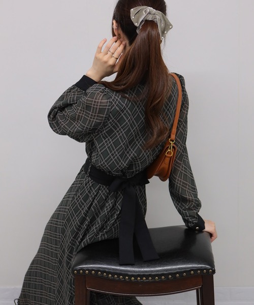 セール】バイアスチェック ウエストリボンベルト付 クレリック ロング