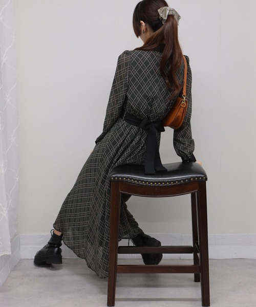 セール】バイアスチェック ウエストリボンベルト付 クレリック ロング