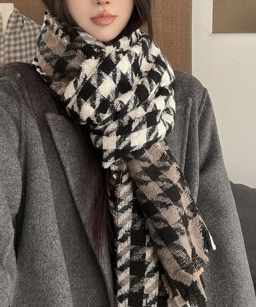 ブラック×ホワイト 千鳥格子 マフラー ロゴデザイン 大判 38×190cm セール】大判千鳥格子ストール（マフラー）｜2ly2（トゥーリートゥー