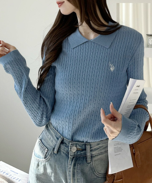 U.S. POLO ASSN.(ユーエスポロアッスン)の「【U.S. POLO ASSN.】スタンカラー ケーブル ニット(ニット/セーター・レディース・アイボリー/ブラック/サックスブルー/イエロー・M/L)」の14枚目の写真