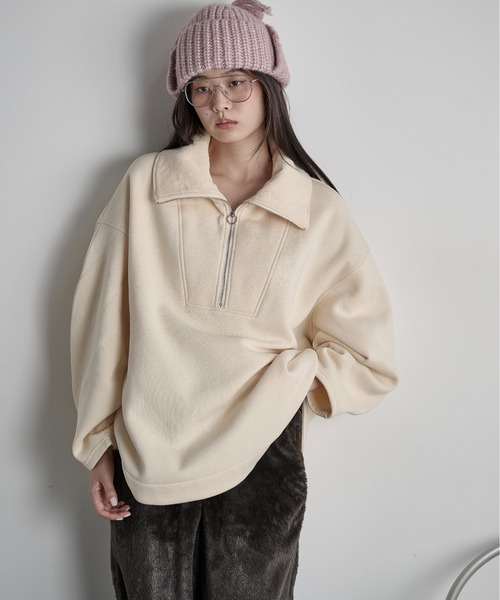 THE YOn(ザヨン)の「裏起毛ジッププルオーバー(Tシャツ/カットソー・レディース・ピンク/サックスブルー/ブラック/アイボリー・FREE)」の2枚目の写真