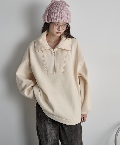THE YOn(ザヨン)の「裏起毛ジッププルオーバー(Tシャツ/カットソー・レディース・ピンク/サックスブルー/ブラック/アイボリー・FREE)」の5枚目の写真