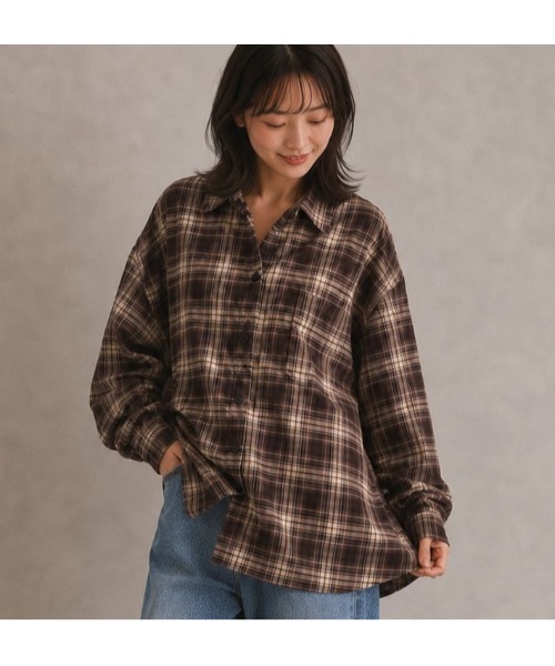 LAUTRE COTE(ロウトレコウト)の「チェックオーバーシャツ(シャツ/ブラウス・レディース・ネイビー/ブラウン・MEDIUM/LARGE/X-LARGE)」の2枚目の写真