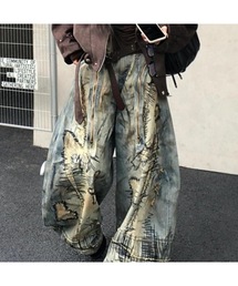 Bling Leads（ブリングリーズ）の「【Bls】【Bling Leads】ダメージ加工プリントバレルレッグデニムパンツ（デニムパンツ）」
