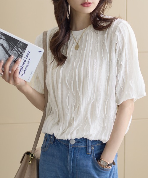 ReDial(リダイアル)の「フリルTシャツ(半袖)(Tシャツ/カットソー・レディース・ピンク/チャコール/ブラック/アイボリー/ブルーグレー・M/L/LL/3L)」の1枚目の写真