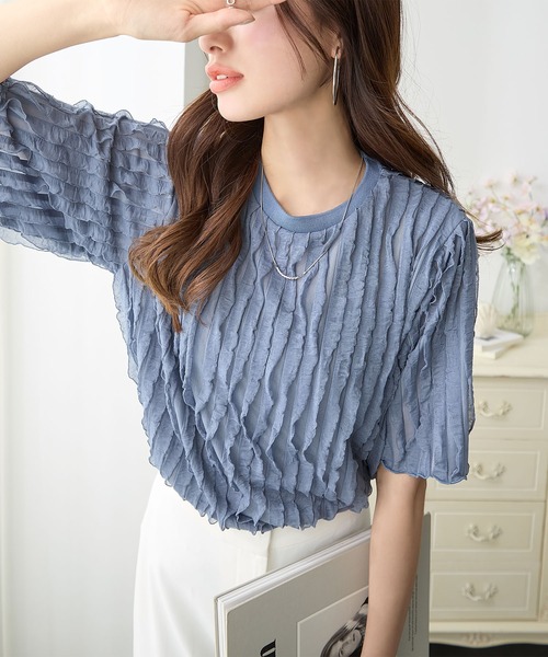 ReDial(リダイアル)の「フリルTシャツ(半袖)(Tシャツ/カットソー・レディース・ピンク/チャコール/ブラック/アイボリー/ブルーグレー・M/L/LL/3L)」の3枚目の写真