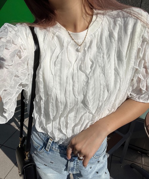 ReDial(リダイアル)の「フリルTシャツ(半袖)(Tシャツ/カットソー・レディース・ピンク/チャコール/ブラック/アイボリー/ブルーグレー・M/L/LL/3L)」の12枚目の写真