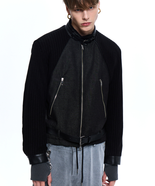 RSSC(アールエスエスシー)の「KNIT & DENIM BELTED BIKER JACKET - BLACK(ライダースジャケット・レディース・その他・1/2)」の1枚目の写真