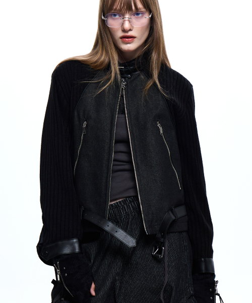 RSSC(アールエスエスシー)の「KNIT & DENIM BELTED BIKER JACKET - BLACK(ライダースジャケット・レディース・その他・1/2)」の4枚目の写真