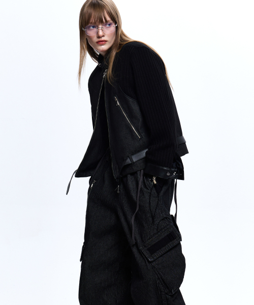 RSSC(アールエスエスシー)の「KNIT & DENIM BELTED BIKER JACKET - BLACK(ライダースジャケット・レディース・その他・1/2)」の5枚目の写真