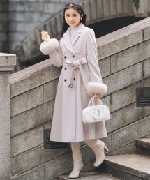 美品　cohina ヘリンボーンチェスターコート　ピンクベージュ ElegChic コート チェスターコート 家で洗えるヘリンボーン柄