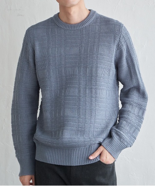 ikka(イッカ)の「【洗濯機で洗える】ジャカードチェックニット(ニット/セーター・メンズ・オフホワイト/ネイビー/サックスブルー/ブラック・XL/L/M/S)」の4枚目の写真