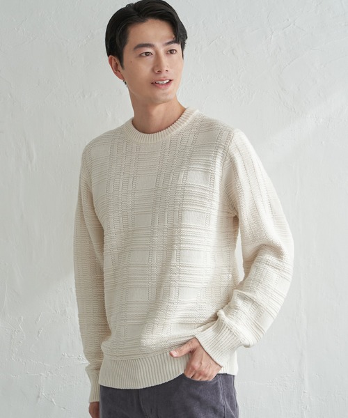 ikka(イッカ)の「【洗濯機で洗える】ジャカードチェックニット(ニット/セーター・メンズ・オフホワイト/ネイビー/サックスブルー/ブラック・XL/L/M/S)」の7枚目の写真