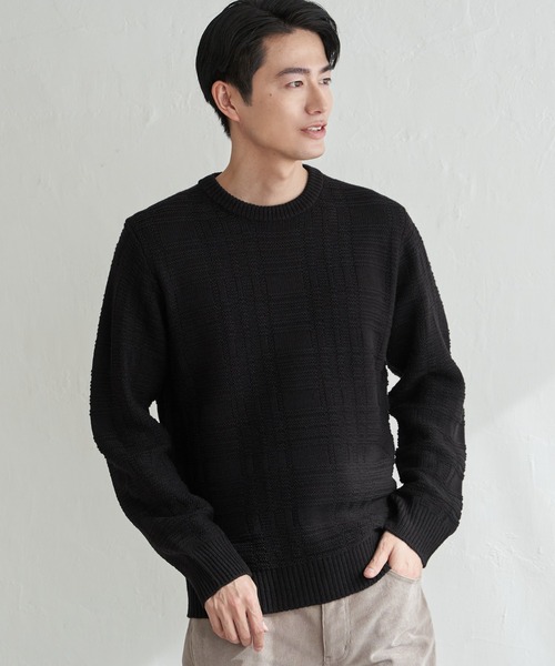 ikka(イッカ)の「【洗濯機で洗える】ジャカードチェックニット(ニット/セーター・メンズ・オフホワイト/ネイビー/サックスブルー/ブラック・XL/L/M/S)」の10枚目の写真