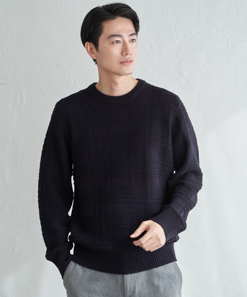 ikka(イッカ)の「【洗濯機で洗える】ジャカードチェックニット(ニット/セーター・メンズ・オフホワイト/ネイビー/サックスブルー/ブラック・XL/L/M/S)」の13枚目の写真