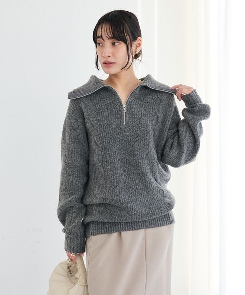 CRAFT STANDARD BOUTIQUE（クラフトスタンダードブティック）の「洗える/ハーフジップローゲージニットチュニック（ニット/セーター・レディース・ベージュ系その他2/杢グレー・FREE）」の4枚目の写真