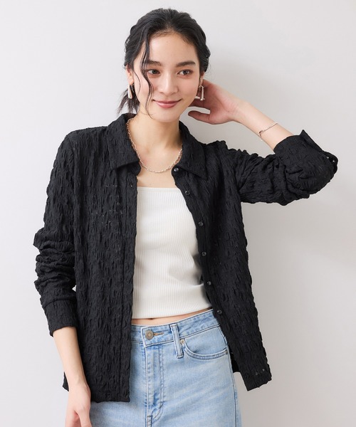 VIS（ビス）の「ストレッチレースジャガード衿付きシャツカーディガン（シャツ/ブラウス・レディース・ブラック/オフホワイト/イエロー・FREE）」の3枚目の写真