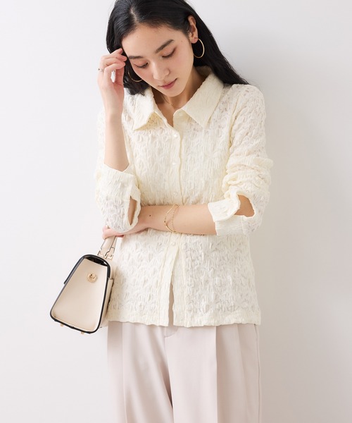 VIS（ビス）の「ストレッチレースジャガード衿付きシャツカーディガン（シャツ/ブラウス・レディース・ブラック/オフホワイト/イエロー・FREE）」の9枚目の写真