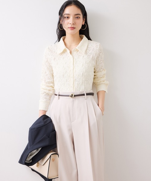 VIS（ビス）の「ストレッチレースジャガード衿付きシャツカーディガン（シャツ/ブラウス・レディース・ブラック/オフホワイト/イエロー・FREE）」の7枚目の写真