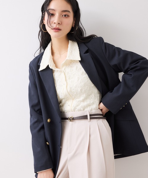 VIS（ビス）の「ストレッチレースジャガード衿付きシャツカーディガン（シャツ/ブラウス・レディース・ブラック/オフホワイト/イエロー・FREE）」の4枚目の写真