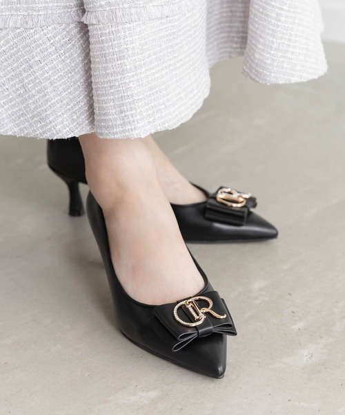 PRADA パイソン柄 リボン パンプス　23〜24cm セール】【走れる美脚パンプス】ビジューモノグラムリボンフィット