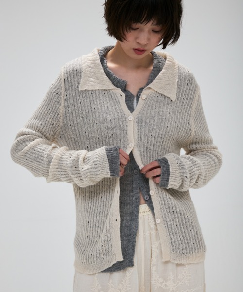 full/fill.(フルフィル)の「cami layered sheer knit shirt / キャミレイヤードシアーニットシャツ(ニット/セーター・レディース・グレー/アイボリー・FREE)」の1枚目の写真