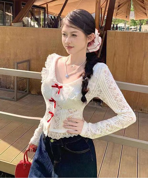 AsheKsha(アシクシャ)の「春用甘美なショート丈レース長袖(Tシャツ/カットソー・レディース・ホワイト・M)」の4枚目の写真