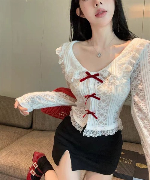 AsheKsha(アシクシャ)の「春用甘美なショート丈レース長袖(Tシャツ/カットソー・レディース・ホワイト・M)」の22枚目の写真
