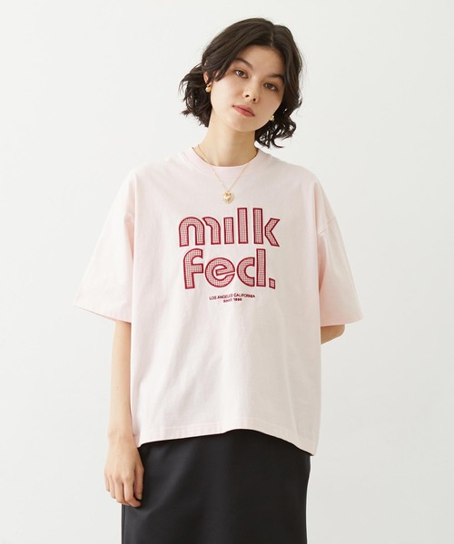 MILKFED.(ミルクフェド)の「CUT OUT LOGO GINGHAM WIDE S/S TEE(Tシャツ/カットソー・レディース・ブラック/ライトピンク/オフホワイト・S/M/L)」の1枚目の写真