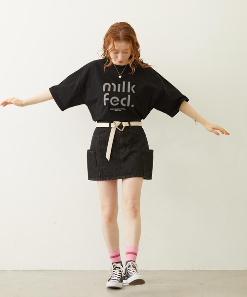 MILKFED.(ミルクフェド)の「CUT OUT LOGO GINGHAM WIDE S/S TEE(Tシャツ/カットソー・レディース・ブラック/ライトピンク/オフホワイト・S/M/L)」の6枚目の写真