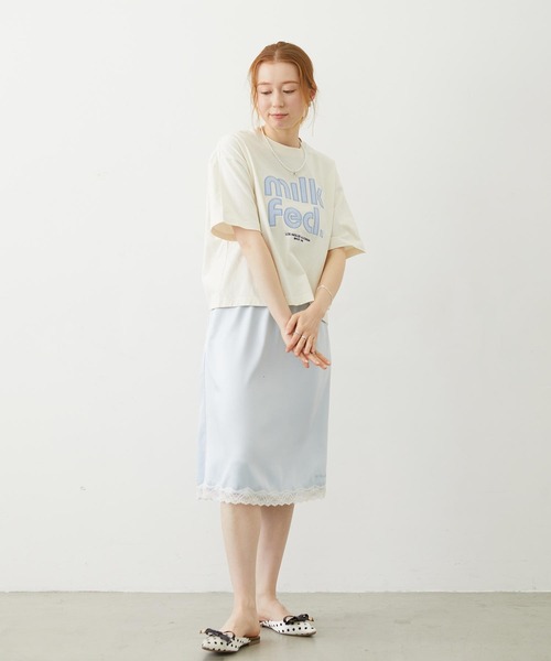 MILKFED.(ミルクフェド)の「CUT OUT LOGO GINGHAM WIDE S/S TEE(Tシャツ/カットソー・レディース・ブラック/ライトピンク/オフホワイト・S/M/L)」の11枚目の写真