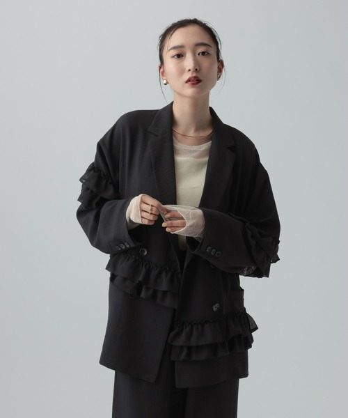 LEPSIM（レプシィム）の「《リネンライクドライシリーズ》フリルW長袖ジャケット　639012（テーラードジャケット・レディース・ブラック/チャコールグレー・FREE）」の2枚目の写真