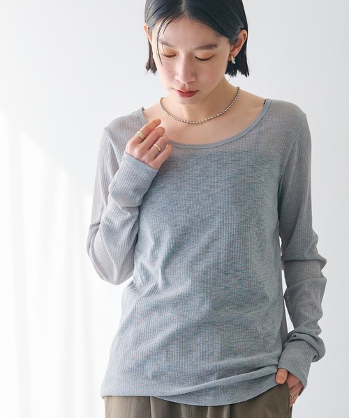 CROSS FUNCTION（クロスファンクション）の「エブ楽 シアーリブロングTシャツ【CROSS FUNCTION/クロスファンクション】（Tシャツ/カットソー・レディース・ブラック/オフホワイト/ライトグレー・M/L/LL）」の3枚目の写真