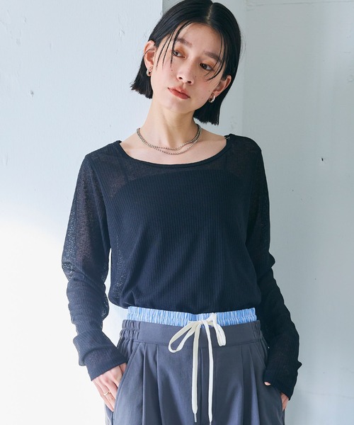 CROSS FUNCTION（クロスファンクション）の「エブ楽 シアーリブロングTシャツ【CROSS FUNCTION/クロスファンクション】（Tシャツ/カットソー・レディース・ブラック/オフホワイト/ライトグレー・M/L/LL）」の2枚目の写真