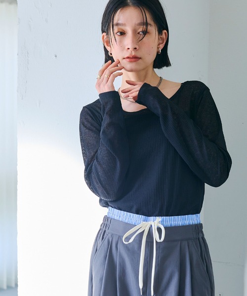 CROSS FUNCTION（クロスファンクション）の「エブ楽 シアーリブロングTシャツ【CROSS FUNCTION/クロスファンクション】（Tシャツ/カットソー・レディース・ブラック/オフホワイト/ライトグレー・M/L/LL）」の16枚目の写真