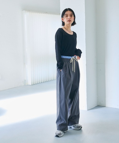 CROSS FUNCTION（クロスファンクション）の「エブ楽 シアーリブロングTシャツ【CROSS FUNCTION/クロスファンクション】（Tシャツ/カットソー・レディース・ブラック/オフホワイト/ライトグレー・M/L/LL）」の9枚目の写真