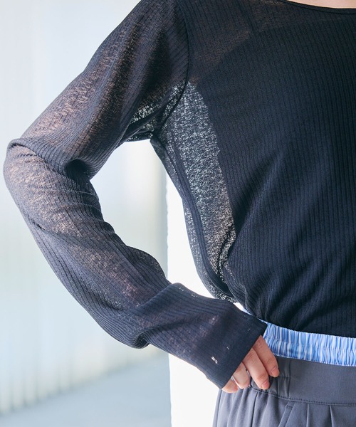 CROSS FUNCTION（クロスファンクション）の「エブ楽 シアーリブロングTシャツ【CROSS FUNCTION/クロスファンクション】（Tシャツ/カットソー・レディース・ブラック/オフホワイト/ライトグレー・M/L/LL）」の4枚目の写真