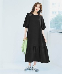 nissen | とろみブロード梯子レース5分袖パフスリーブロングワンピース（イージーケア・吸汗速乾）(ワンピース)