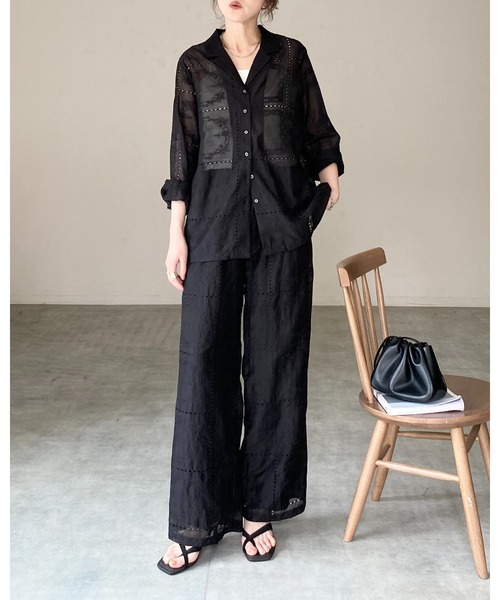 She's Closet(シーズクローゼット)の「花柄 エンブロイダリー 刺繍レース ストレート ルーズ イージー ワイドパンツ(その他パンツ・レディース・オフホワイト/ブラック・FREE)」の18枚目の写真