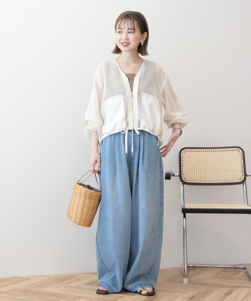 【新品タグ付】★ベージュチュール×デニム切替 異素材ボマーブルゾン セール】メッシュ異素材ブルゾン（ブルゾン）｜AMERICAN HOLIC