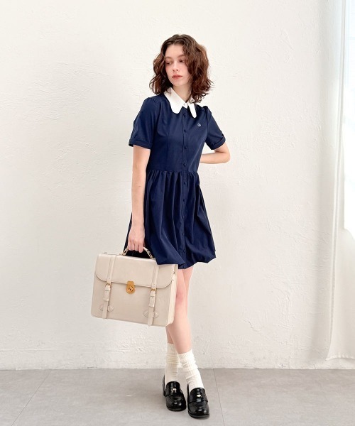 F i.n.t(フィント)の「ラビットカラーバルーンシャツワンピース/fint フィント(シャツワンピース・レディース・ライトイエロー/オフホワイト/ネイビー×ホワイト・FREE)」の1枚目の写真