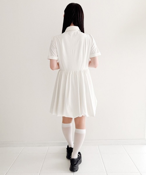 F i.n.t(フィント)の「ラビットカラーバルーンシャツワンピース/fint フィント(シャツワンピース・レディース・ライトイエロー/オフホワイト/ネイビー×ホワイト・FREE)」の10枚目の写真